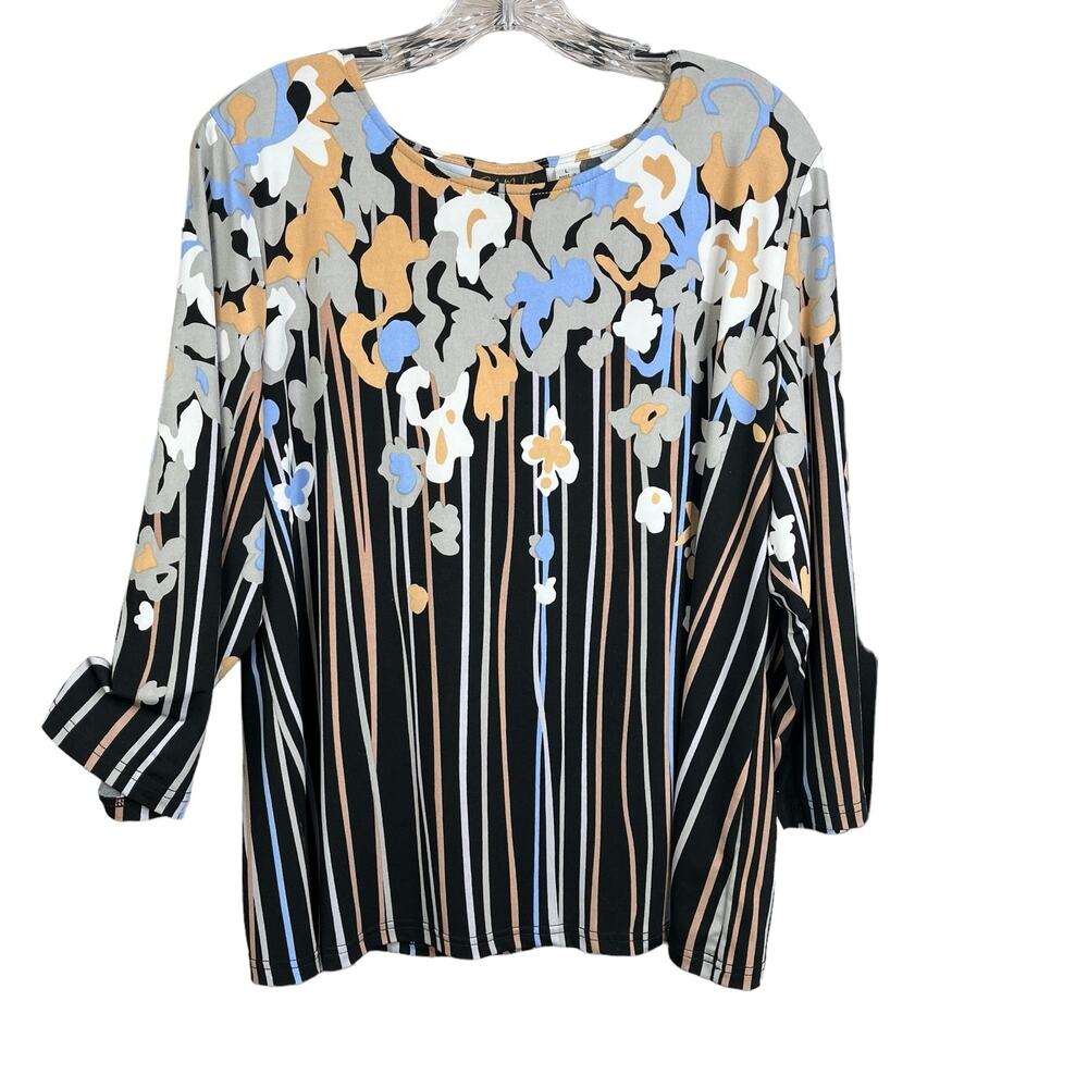 Bob Mackie Wearable Art Floral Print 3/4 Sleeve Jersey Knit Blouse Large